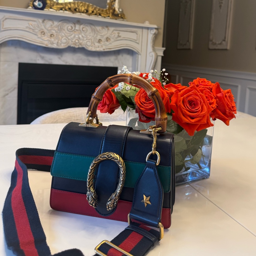 Authentic Gucci Blue/Green/Red Striped Leather Bamboo Top Handle Mini